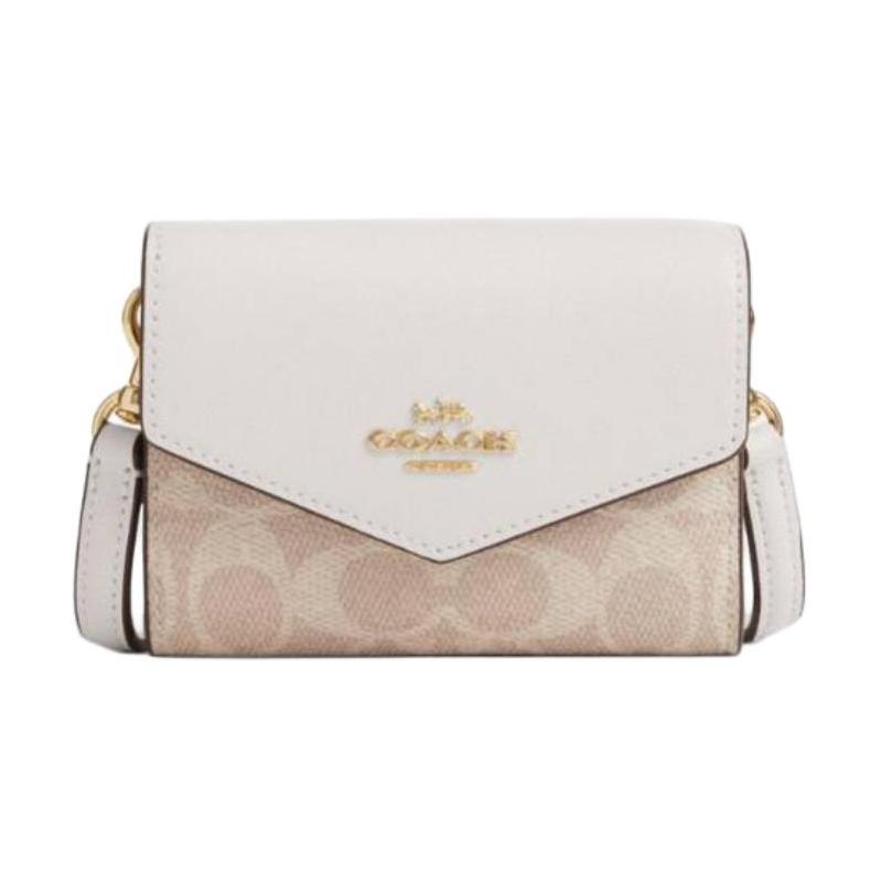 COACH Envelope 12 Logo patchwork design Signature coated canvas Wallet crossbody shoulder bag Mini Women's white with khaki