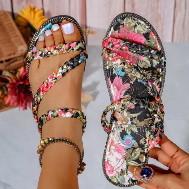 Модные женские тапочки на плоской подошве с принтом 2024 года, новые популярные летние пляжные тапочки большого размера, повседневные тапочки с круглым носком