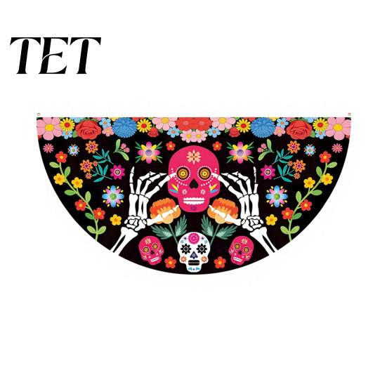 Colorful Cemetery Memorial Flag Day of The Dead Skull Bunting Banner, Marigold Print Fiesta Hanging Flag, Sugar Outdoor Yard Party Decor Floral