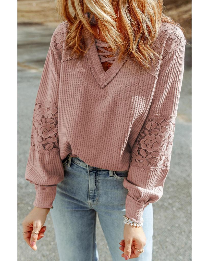 Azura Exchange Розовый кружевной вафельный лоскутный топ на бретелях с V-образным вырезом и длинными рукавами