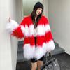 European and American Fur Imitation Mink Velvet Medium Length V-neck Red and White Contrasting Fur Patchwork Coat Winter Lamb Fur Coat