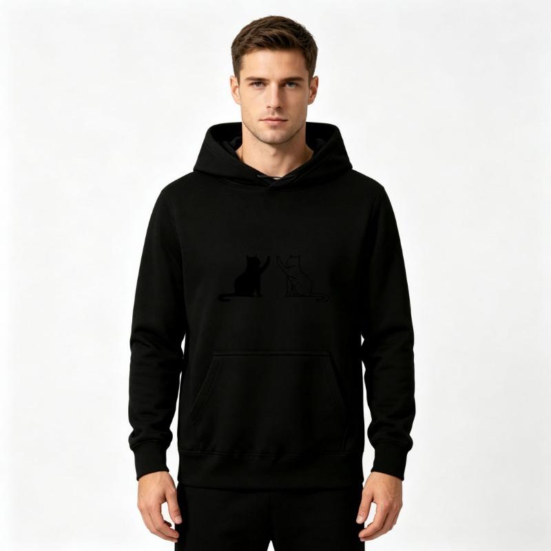 Men's Cute Two High Five Cats Pattern White DTF Print Long Sleeve Hoodie Casual Pullover Hooded Sweatshirt Streetwear Daily Top For Adult Men