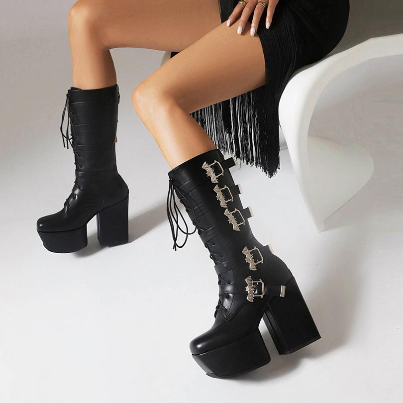 Женские мотоциклетные ботинки больших размеров в панк-стиле с металлическими пряжками-летучими мышами в пять рядов, квадратным носком, на платформе, на шнуровке, с молнией сзади, высотой до колена