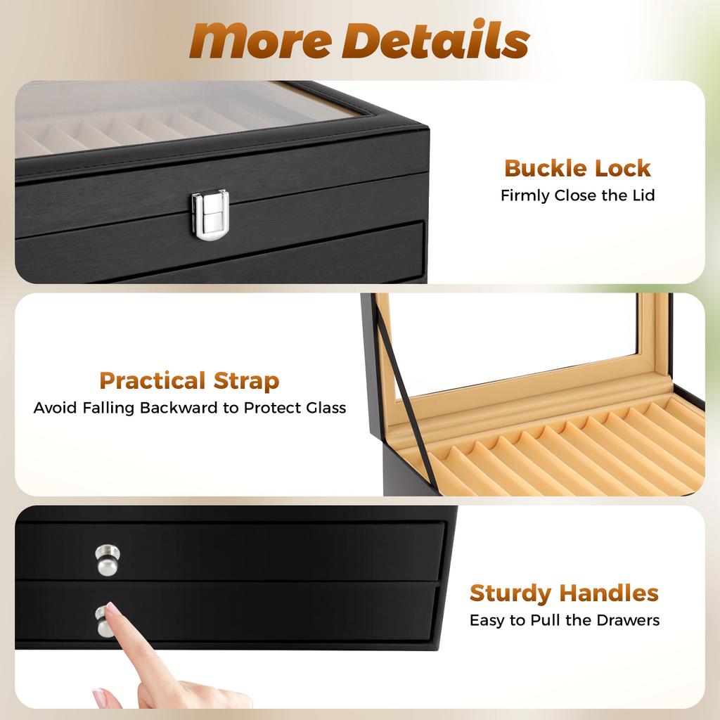 Роскошный кейс для хранения 36 ручек, коробка для ретро-ручек из ПУ кожи со стеклянной крышкой и замком для коллекционеров перьевых ручек