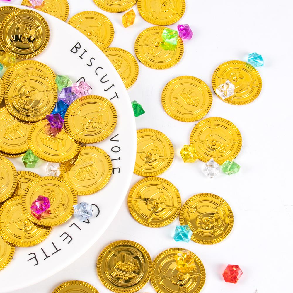 50-100pcs Plastic Gold Coins Buried Treasure Pirate Gems Jewelry Playset Activity Game for Pirates Themed Halloween party decor