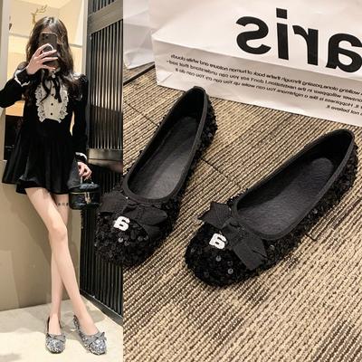 Женские туфли-лодочки с пайетками, весенние, ретро, с бантом, на плоской подошве, нежные бабушкины туфли-бини