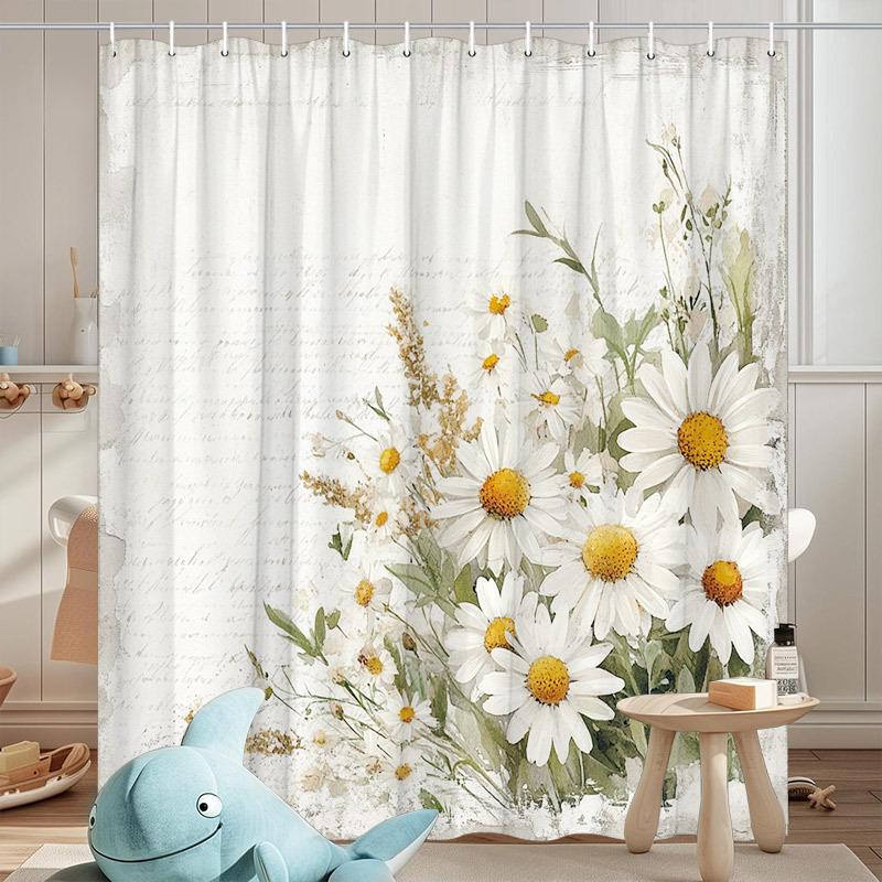 Антикварная шторка для душа с букетом маргариток - Цветочный узор с текстурой винтажной бумаги, Белые и желтые маргаритки, Полиэстеровая ткань