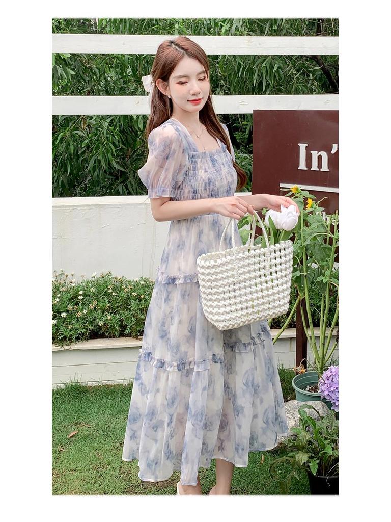 Летнее французское цветочное длинное платье: Стройнящий, Элегантный, Сладкий Принцессный Стиль