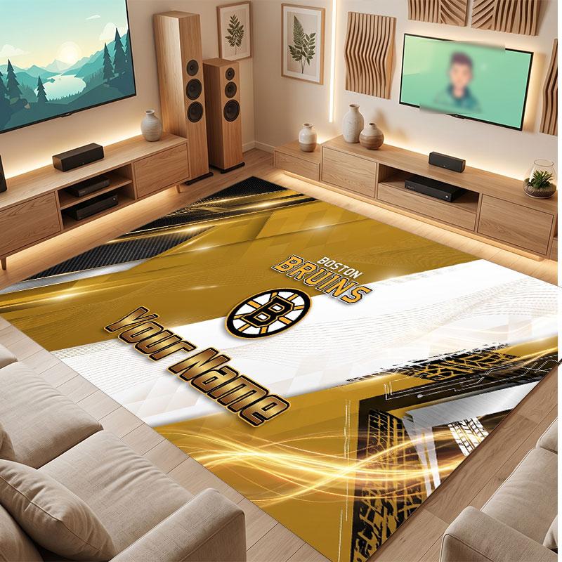 Boston Bruins Personalized Crystal Velvet Carpet, Customized Name Text Soft Anti‑Slip Rug for Living Room Bedroom
