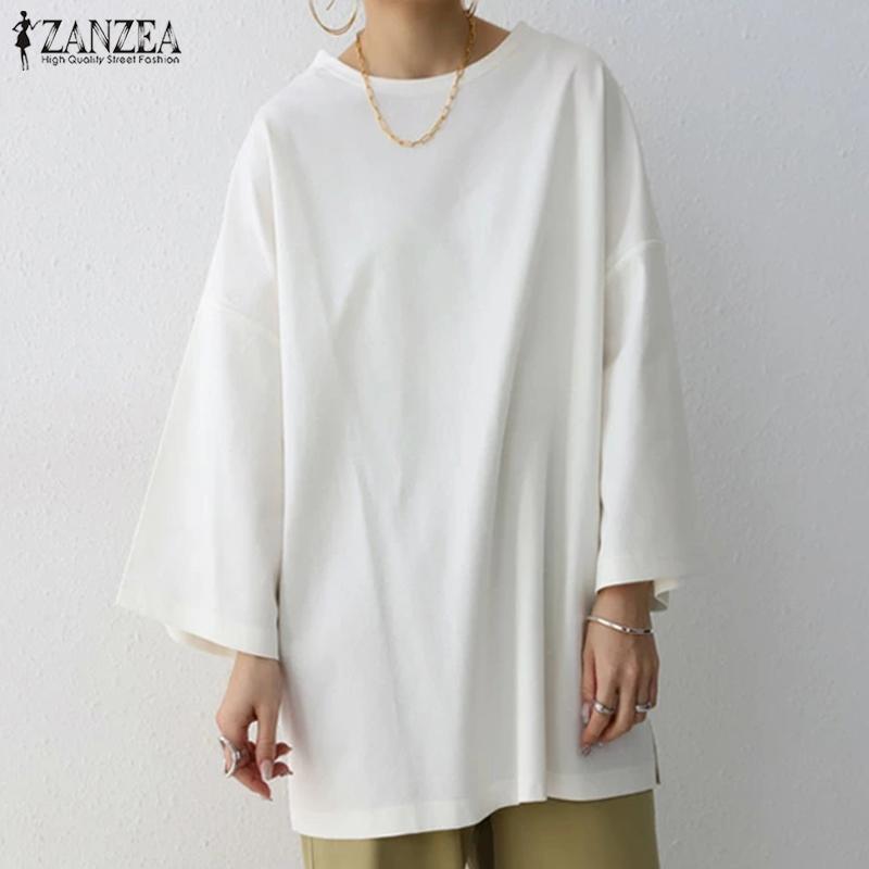ZANZEA Women Casual O-neck Half Sleeve Blouse Tops Solid Color Loose Spring T-shirt