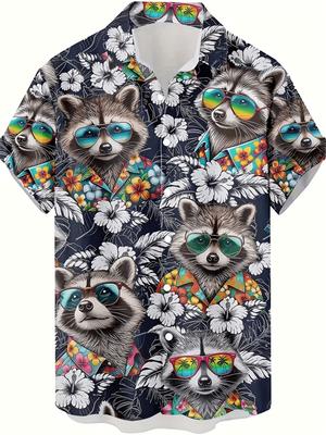 Men's Cool Raccoon Short-Sleeve Shirt, Hawaiian Style Shirt, All-Over Print with Cartoon Raccoon Wearing Fashion Glasses and Floral Pattern, Loose Fit