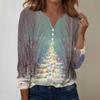 Women's Fashion Casual V-Neck Long Sleeve Decorative Button Christmas Print Top