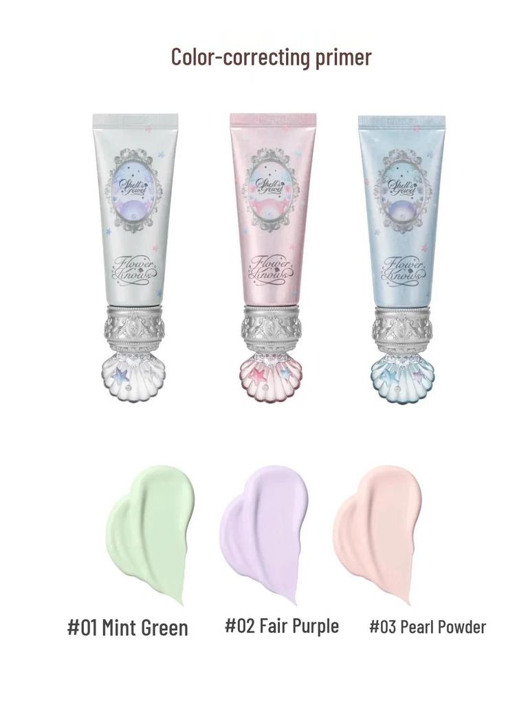 Flower Knows Pearl Satin Blush, Lip Glaze, Eyeshadow, Highlighter, Under-eye Pen, Perfume, Color Correcting Emulsion.