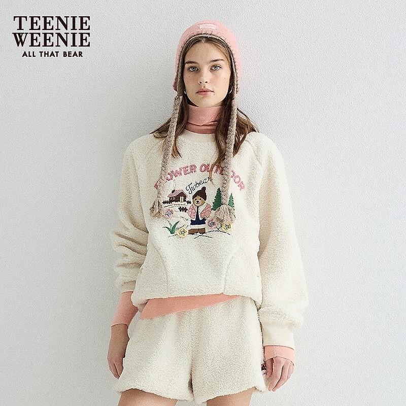 Teenie Weenie Women's 2025 Autumn Round Neck Faux Lamb Wool Sweatshirt