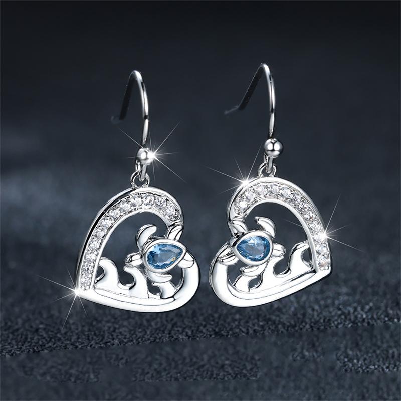 Милые женские серьги-капли с большим сердцем серебряного цвета, висячие серьги для женщин, роскошные синие черепахи с кристаллами и камнями, свадебные украшения