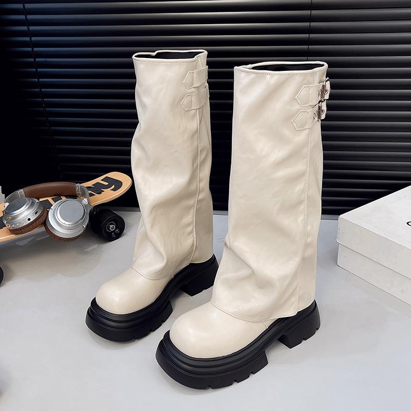 Модные женские ботфорты до колена, рыцарские ботинки на платформе, массивные модные туфли 2025, элегантные новые зимние готические плиссированные женские ботинки для вечеринки, боты женские