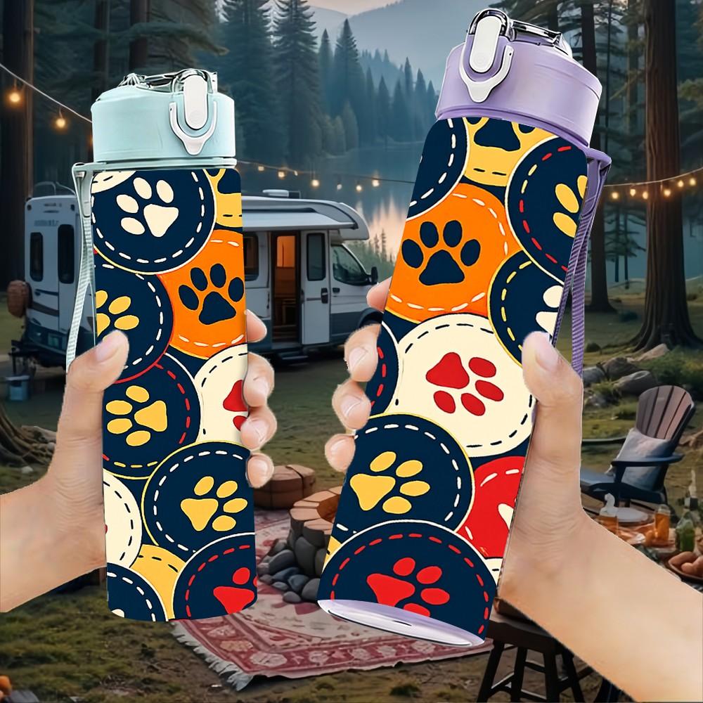 1PC Dog Paw Color Seamless Print 750ml Color Plastic Sports Water Bottle Leakproof Flip Straw Lid Suitable for Sports Office Home Use