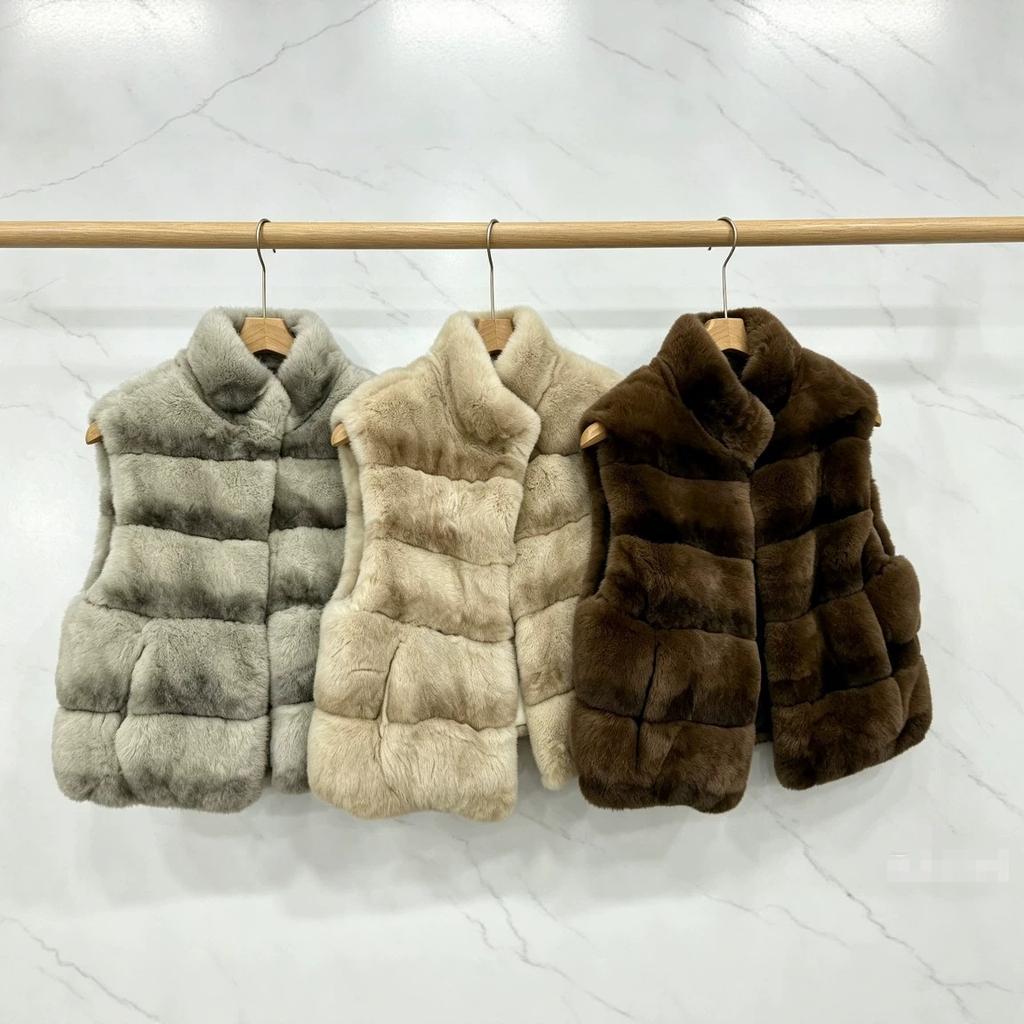 Autumn and winter new imported whole leather chinchilla pattern Rex rabbit hair short stand-up collar vest fur jacket women