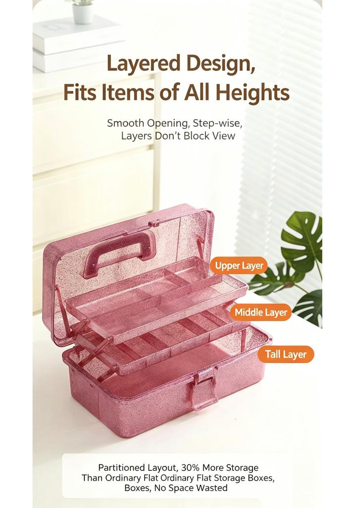 Glitter Three-Tier Fold Out Plastic Storage Case Hand Carry Divided Organizer for Makeup Nail Art Small Hardware Craft Accessori