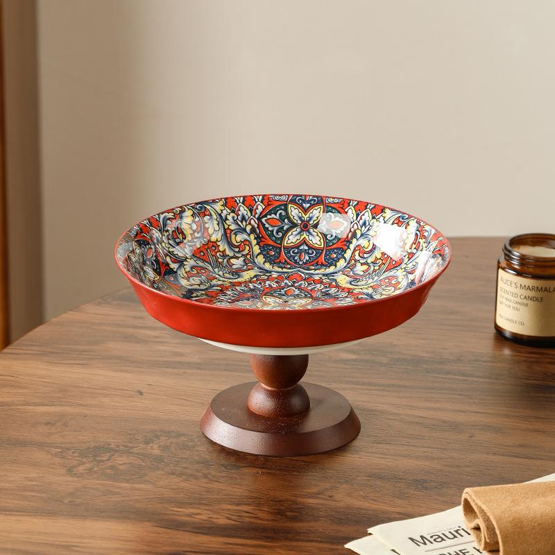 Bohemian Style Ceramic Fruit Plate Handmade Under Glaze Color High Foot Snack Dish for Living Room