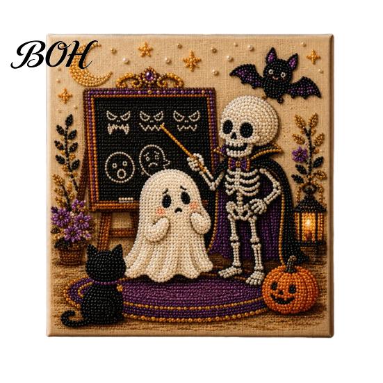 Whimsical Ghost And Pumpkin Art Halloween Faux Pearl Kit, Cute Skeleton Painting Handmade Gift for Craft Lovers DIY 3D Kit Adults, Fall Home