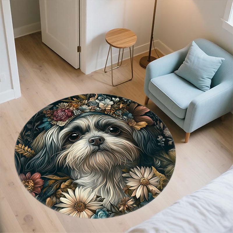 Vintage Shih Tzu pattern round rug,Carpet Rug for Living Room Bedroom Playroom ,Non-slip Floor Mat,Holiday Gifts and Birthday Gifts.