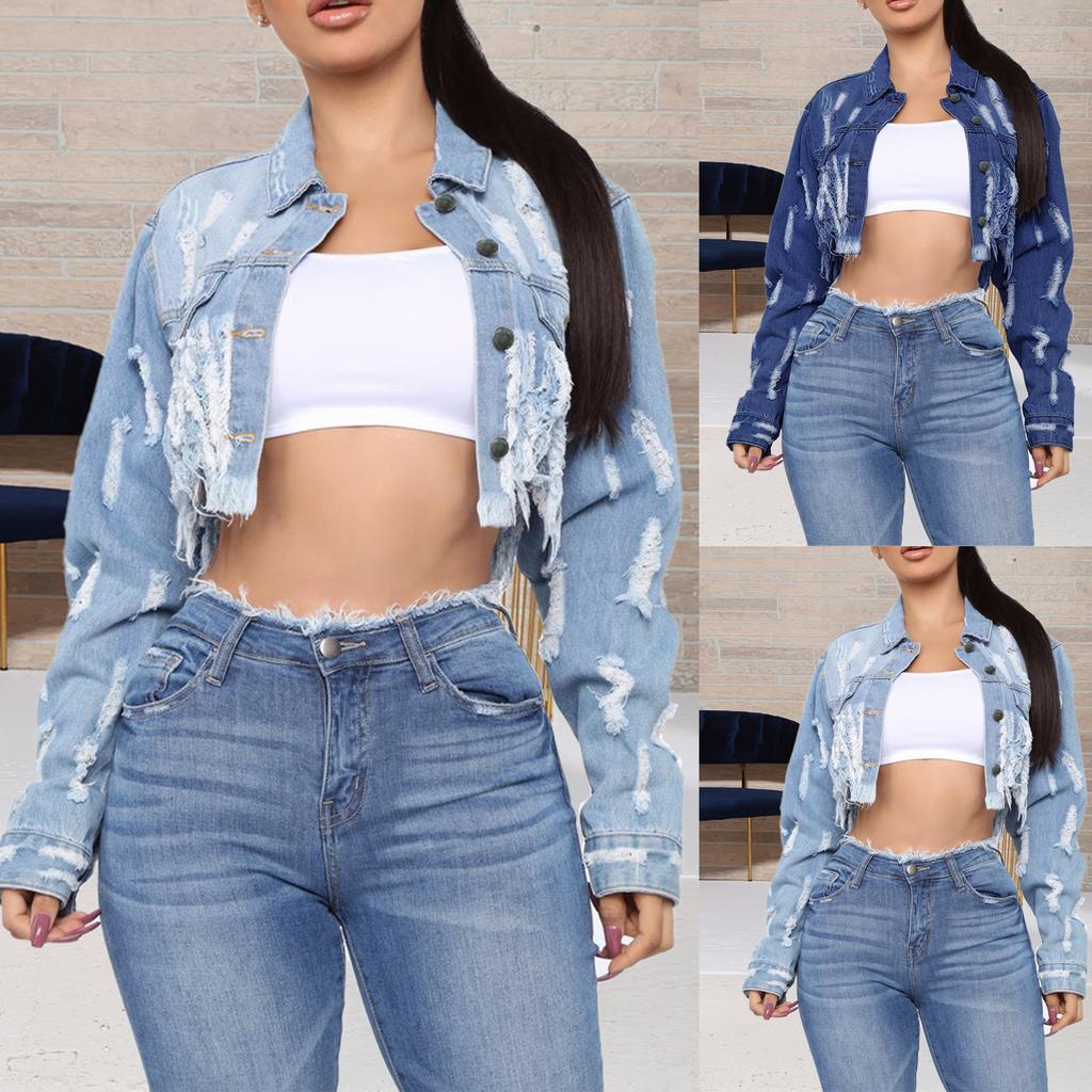 Women's Cropped Jacket With Holes On The Back And Cutout Denim Jacket