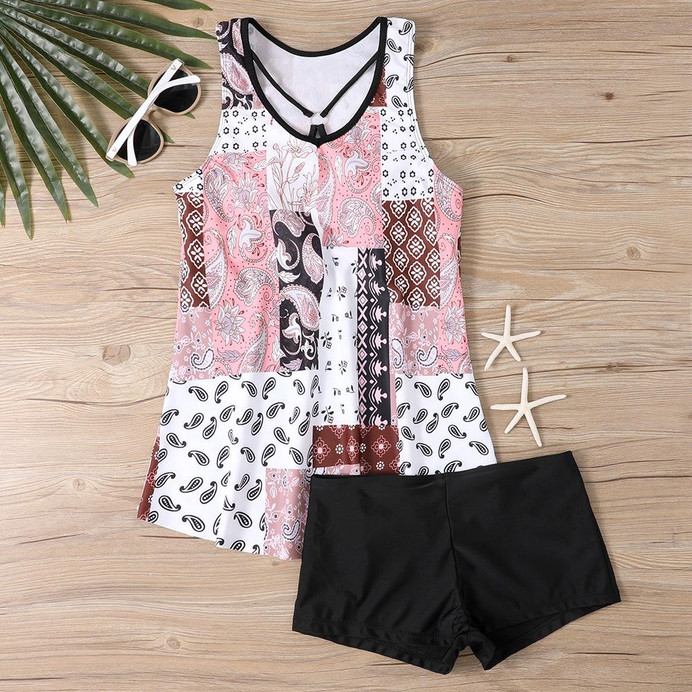 Женский купальник-бикини с лямкой на шее и сложными узорами и принтом-танкини