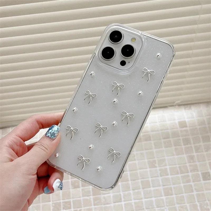 INS Japan Korea 3D Silver Bowknot Phone Case For iPhone 16 Pro Max 15 14 13 12 11 X XS XR 7 Plus Girl Epoxy Clear Glitter Cover