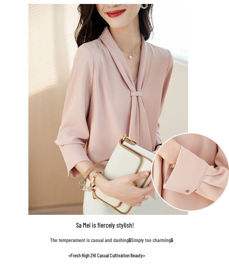 2024 High-End Women's Chiffon Ribbon Blouse - Slimming Long Sleeve, Versatile Spring/Autumn Fashion