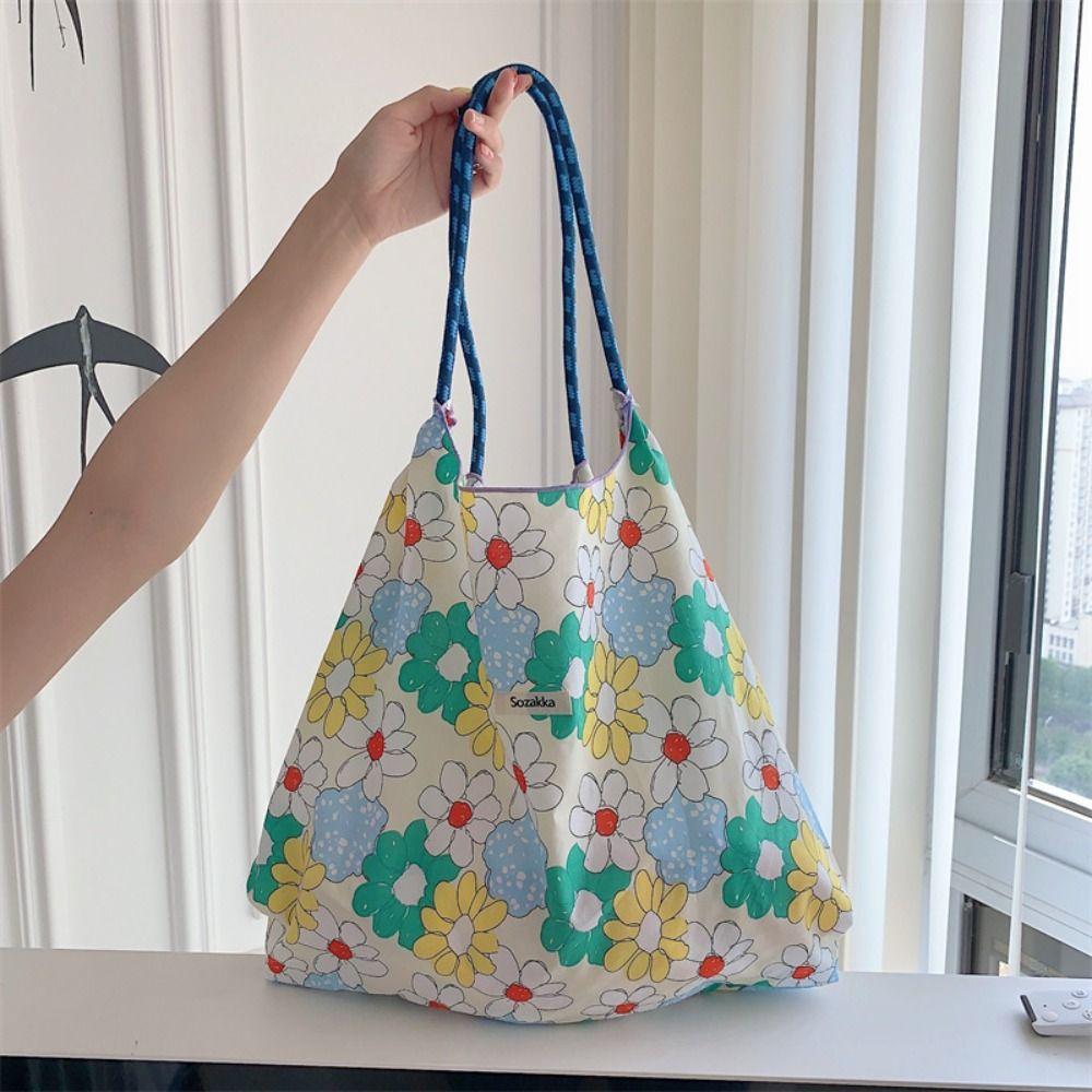 Large Capacity Drawstring Shopping Bag Reusable Travel Tote Bag Portable Canvas Shoulder Bag