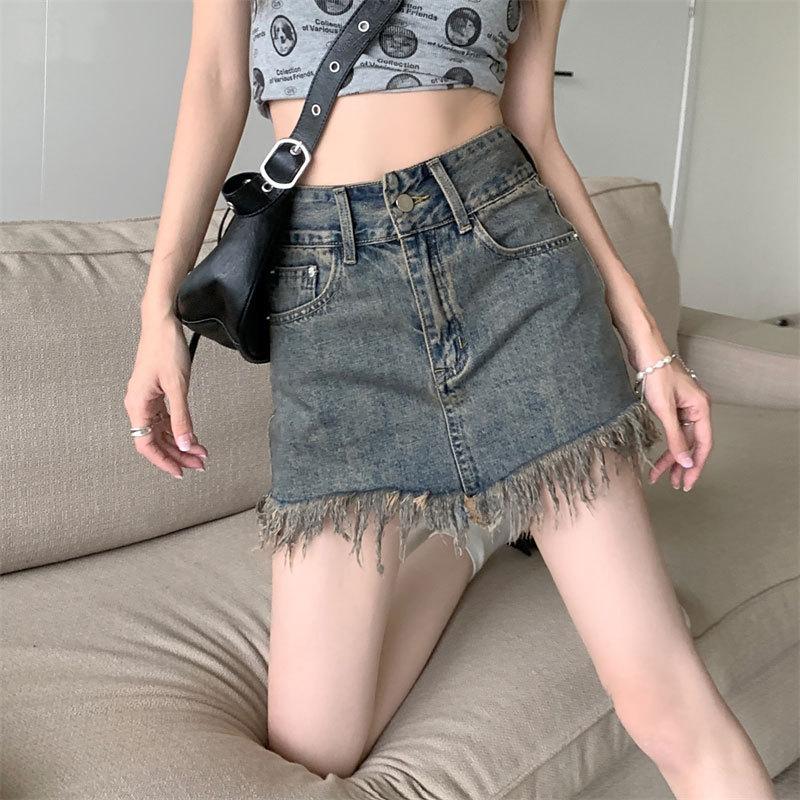 Cowboy Half-body Skirt Women's Raw Edge Tassel Tide Retro High Waist Niche Covering Flesh A Word Package Hip Short Skirt