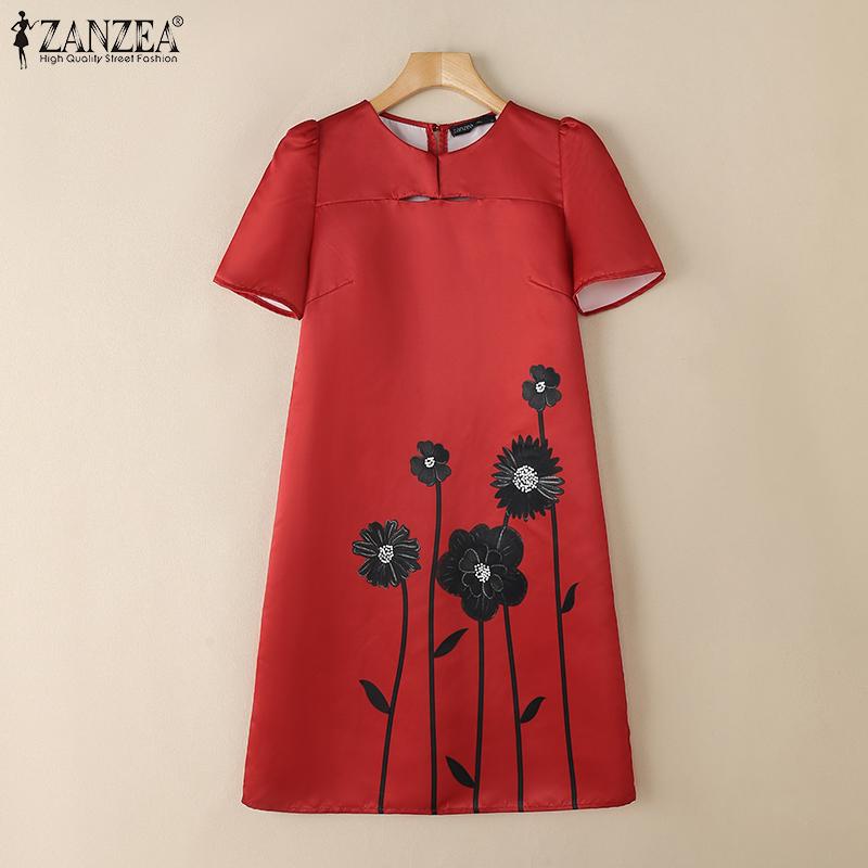 ZANZEA Женское повседневное летнее платье с круглым вырезом, коротким рукавом и принтом