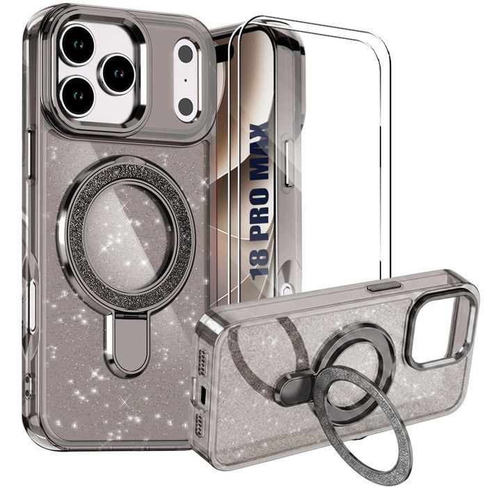 Coque + 2 Verres Trempés pour iPhone 18 Pro Max, Anti-Rayure Scintillant avec Cercle Magnétique Gris