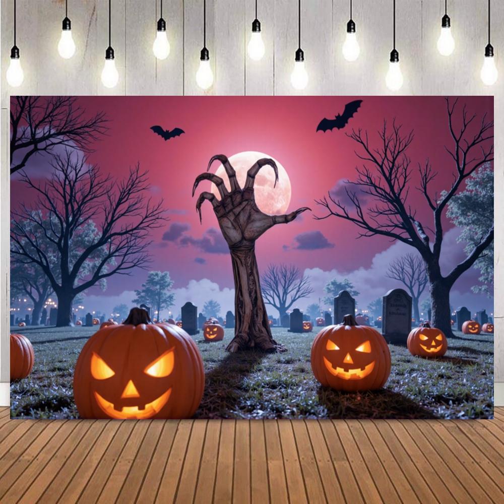 Horror Halloween Blood Moon Zombie Hand Theme Party Photography Background Skeleton Tombstone Pumpkin Lantern Photo Backdrop5