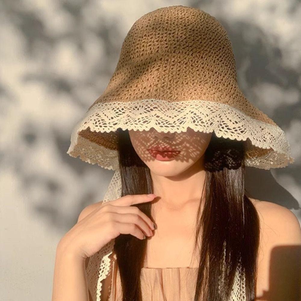 Foldable Lace Trim Hats Sun Protection Straw Sun Visors High Quality Straw Hat Women Girls