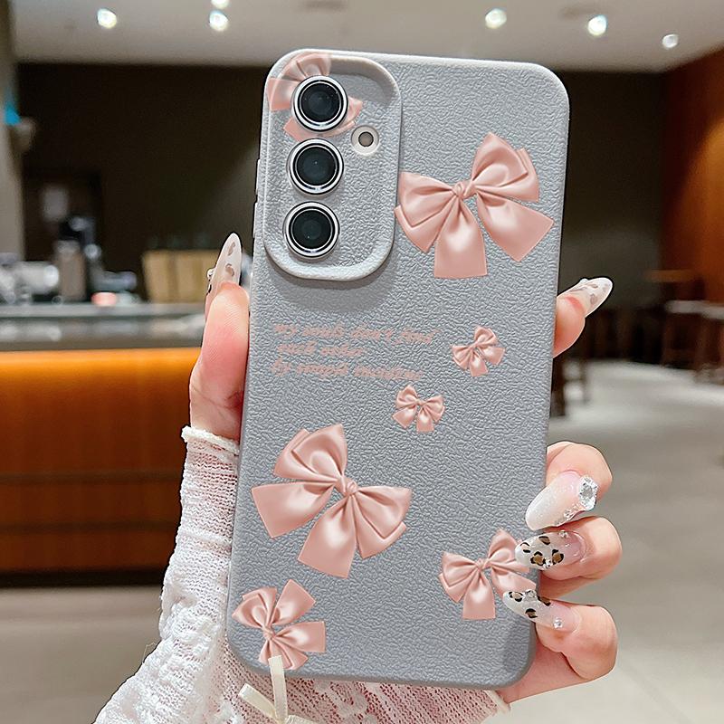 Pink Bowknot Print Leather Texture TPU Soft Case For Samsung S25 Ultra S24 FE S23 A56 A16 A55 A36 A26 A15 Lens Protection Matte Shockproof Phone Cover
