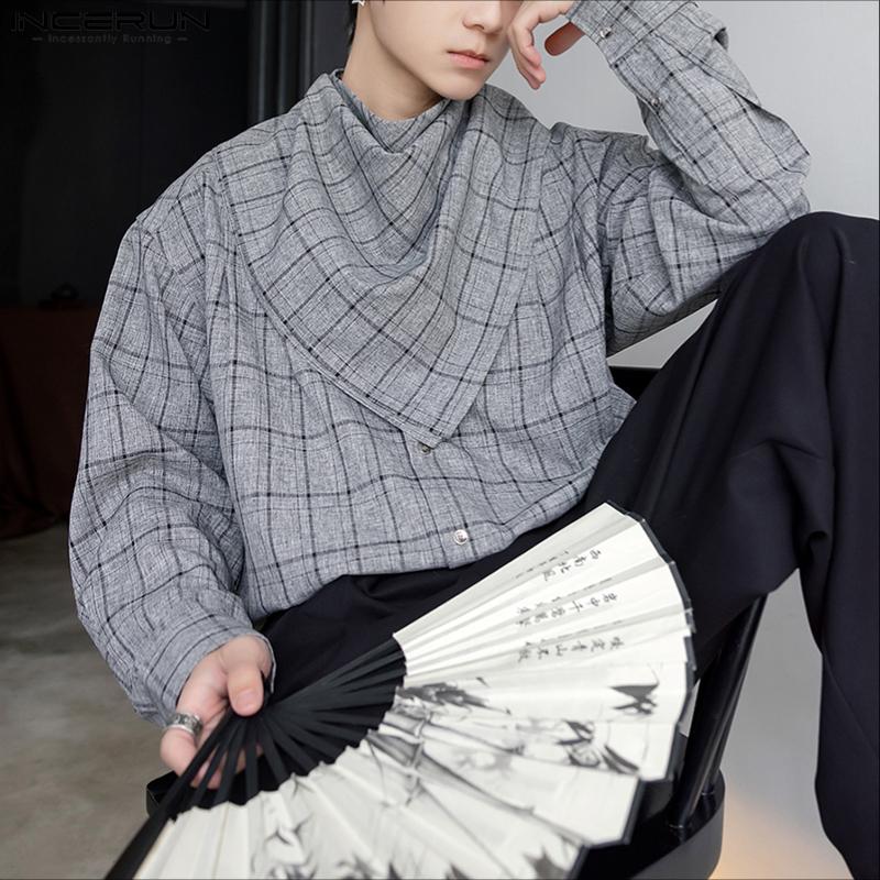 INCERUN Men Stand Collar with Adjustable Scarf Long Sleeve Plaid Loose Oversized Tops Shirts