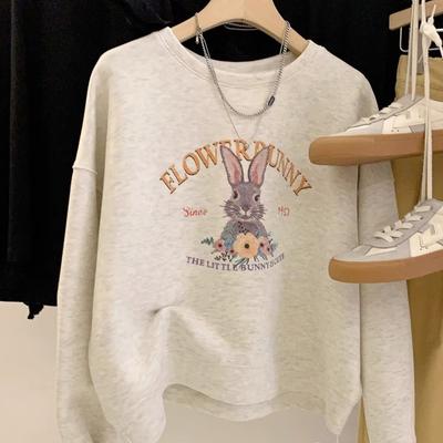 Серый круглый вырез без шапки толстовка пальто для женщин осень и зима новый ленивый стиль плюс бархат утолщенный свободный кроличий топ