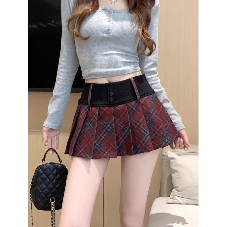 Vintage Patchwork Pleated Slim A-Line Skirt Women 2025 Spring New Korean High Waist Contrast Color Plaid Casual Mini Skirt