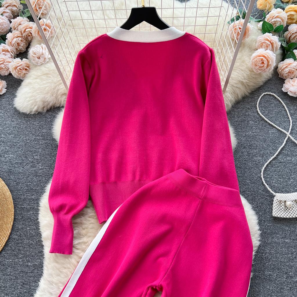 Высококачественный повседневный вязаный модный комплект знаменитостей для женщин, осенне-зимняя рубашка со свободными рукавами + драпированные брюки с высокой талией из двух предметов