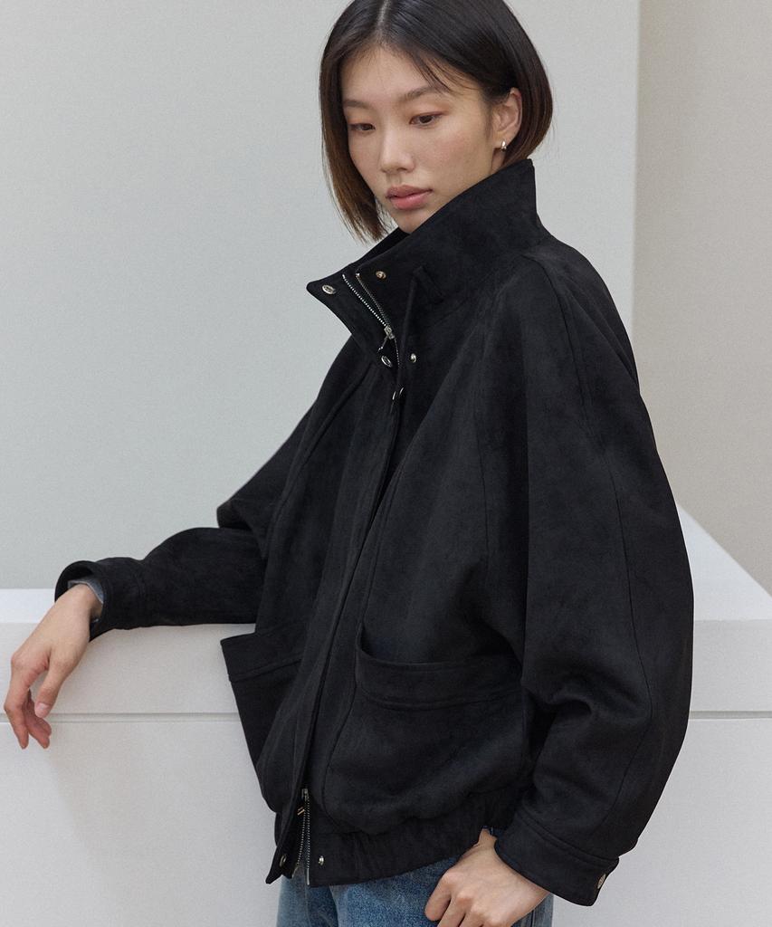 OURHOPE Curved High-Neck Suede Jacket - Black
