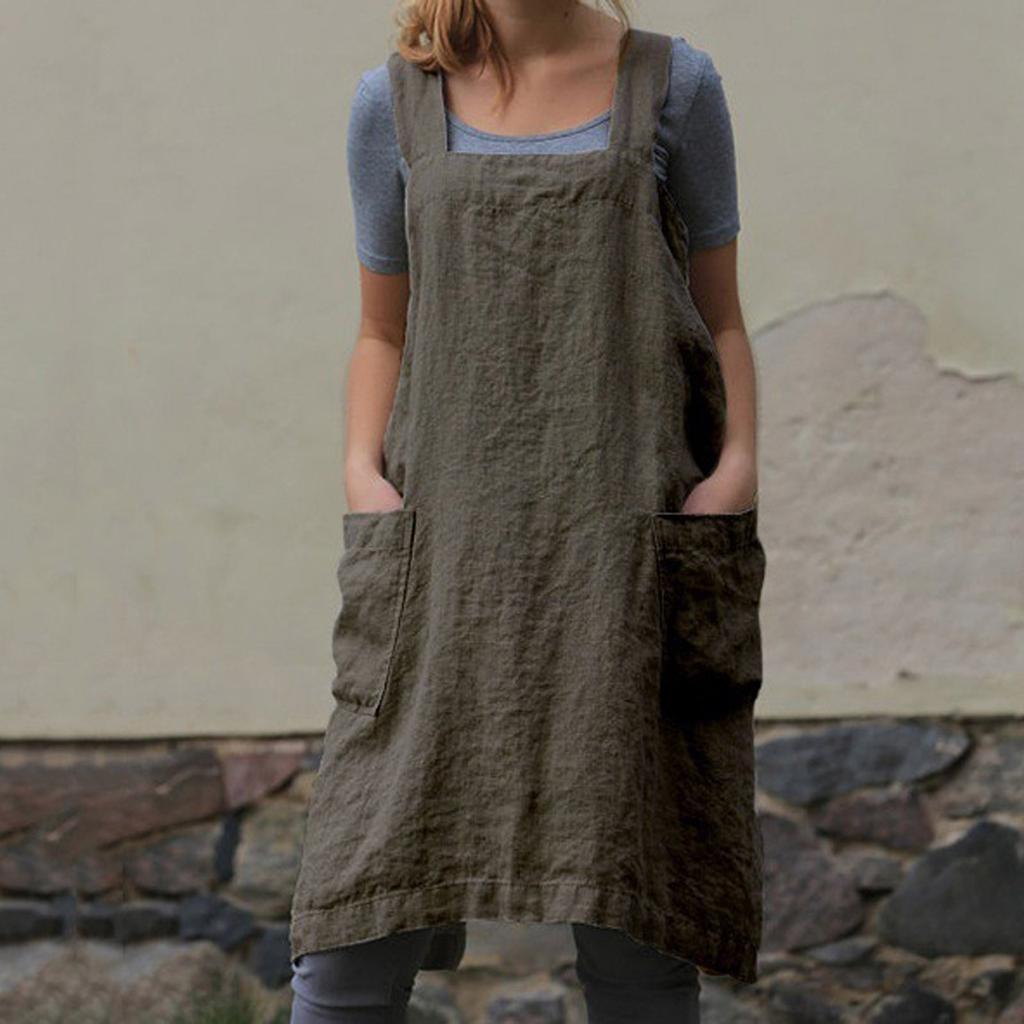 Льняной женский фартук с перекрестной спинкой и 2 карманами для выпечки, кулинарии и садоводства