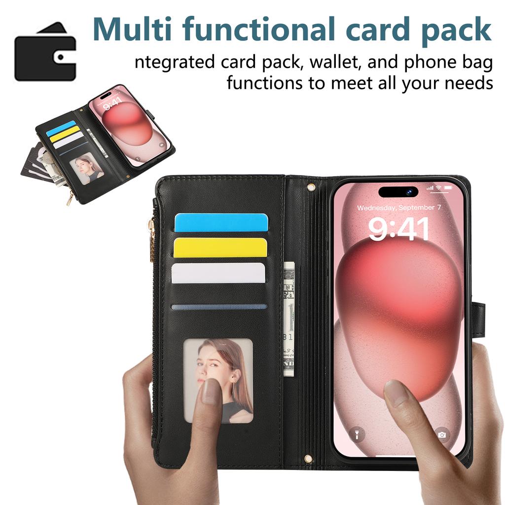 For iPhone 15 Pro Max Case Multi Card Slots Zipper Rhombus Leather Phone Cover with Wrist Strap