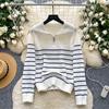 Autumn Wniter Women Women Turn-down Collar Striped Knitted Sweater Zipper Pullover Tops for Girl