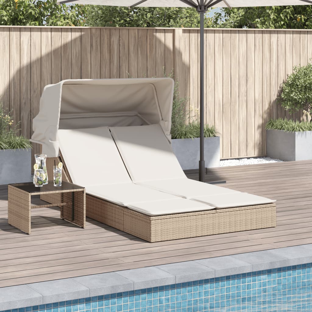 Double Sun Lounger with Canopy and Cushions Beige Poly Rattan