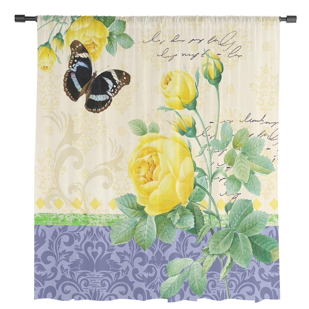 Antique Plant Flower Butterfly Chiffon Sheer Curtains For Living Room Bedroom Decoration Window Tulle Curtains Drapes