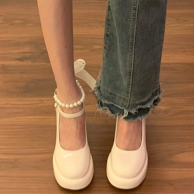 Модный дизайнер Женские туфли Мэри Джейн Элегантные на толстом высоком каблуке Платье Одиночные туфли Женские туфли-лодочки на платформе из кожи