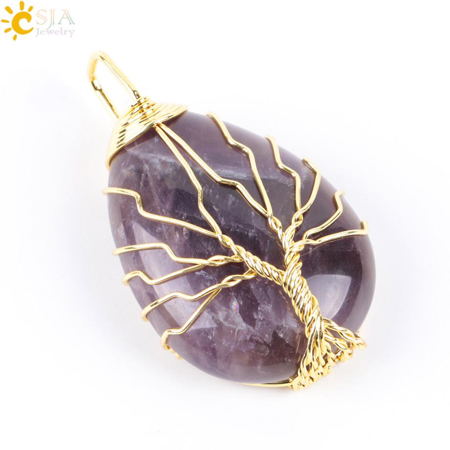 CSJA Дерево Жизни Кристаллы Ожерелье Кулон Капля Воды Натуральный Камень Ожерелья Проволочная Обмотка Розовый Аметист Кварц Тигровый Глаз G953