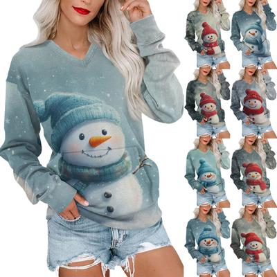 Женская рождественская толстовка с V-образным вырезом, длинный рукав, повседневный легкий пуловер